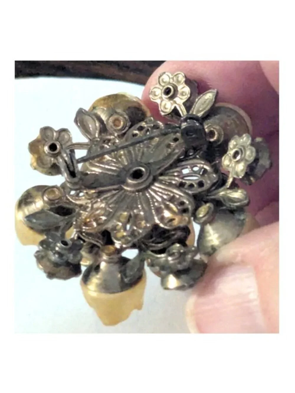 Vintage Floral Cluster Brooch Pale Yellow Rose Buds & Round Rhinestones Riveted